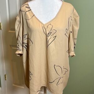 Worthington Beige Floral Print Blouse Ruffle Short Sleeve V-Neck Casual  Top XXL
